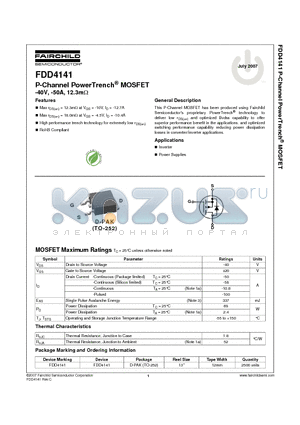 FDD4141 datasheet - P-Channel PowerTrench^ MOSFET
