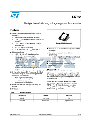 L5962 datasheet - Multiple linear/switching voltage regulator for car-radio