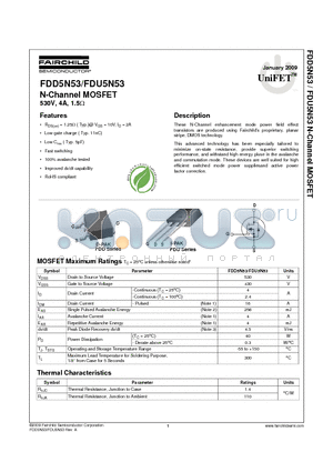 FDD5N53 datasheet - N-Channel MOSFET 530V, 4A, 1.5Y