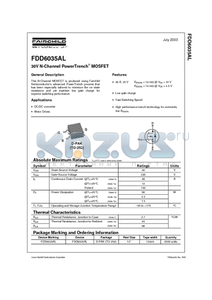 FDD6035AL datasheet - N-Channel, Logic Level, PowerTrench MOSFET