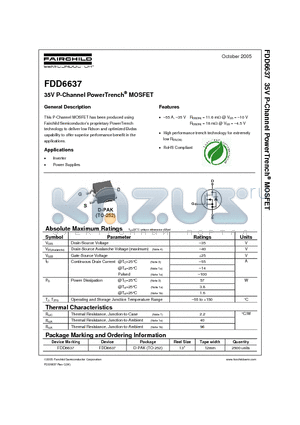 FDD6637 datasheet - 35V P-Channel PowerTrench-R  MOSFET