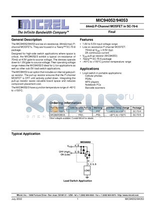 MIC94052 datasheet - 84m P-Channel MOSFET in SC-70-6 Final