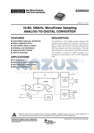 ADS8322YB/2K datasheet - 16-Bit, 500kHz, MicroPower Sampling ANALOG-TO-DIGITAL CONVERTER