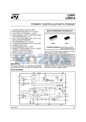 L5991A datasheet - PRIMARY CONTROLLER WITH STANDBY