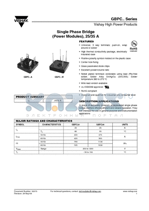 GBPC3512A datasheet - Single Phase Bridge (Power Modules), 25/35 A