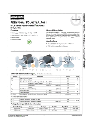 FDD6776A datasheet - N-Channel PowerTrench^ MOSFET 25 V, 7.5 mY