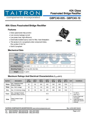 GBPC40-01 datasheet - 40A Glass Passivated Bridge Rectifier