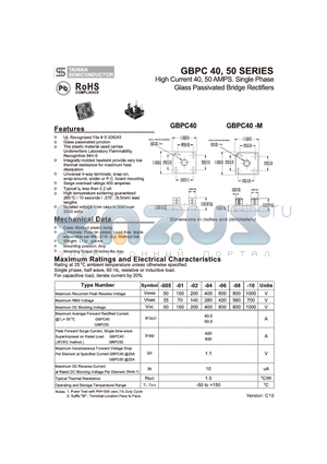 GBPC40-06 datasheet - High Current 40, 50 AMPS. Single Phase Glass Passivated Bridge Rectifiers