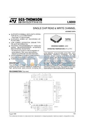 L6000 datasheet - SINGLE CHIP READ & WRITE CHANNEL