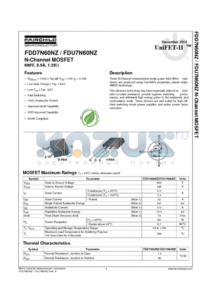 FDD7N60NZ_10 datasheet - N-Channel MOSFET 600V, 5.5A, 1.25
