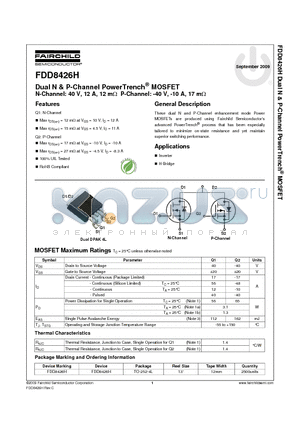 FDD8426H datasheet - Dual N & P-Channel PowerTrench^ MOSFET N-Channel: 40 V, 12 A, 12 mY P-Channel: -40 V, -10 A, 17 mY