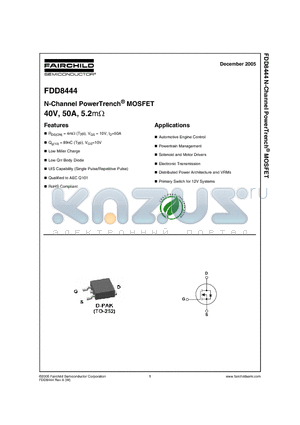 FDD8444 datasheet - N-Channel PowerTrench^ MOSFET 40V, 50A, 5.2mOhm