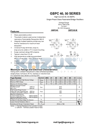 GBPC4004 datasheet - High Current 40, 50 AMPS. Single Phase Glass Passivated Bridge Rectifiers