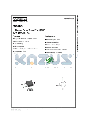 FDD8445 datasheet - N-Channel PowerTrench^ MOSFET 40V, 50A, 8.7mOhm