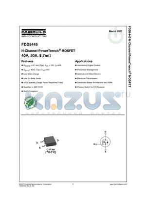 FDD8445 datasheet - N-Channel PowerTrench^ MOSFET 40V, 50A, 8.7mY