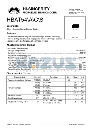 HBAT54 datasheet - Silicon Schottky Barrier Double Diodes