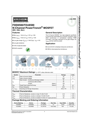 FDD8580 datasheet - N-Channel PowerTrench MOSFET 20V, 35A, 9mohm