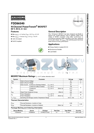 FDD86540 datasheet - N-Channel PowerTrench^ MOSFET 60 V, 50 A, 4.1 mY