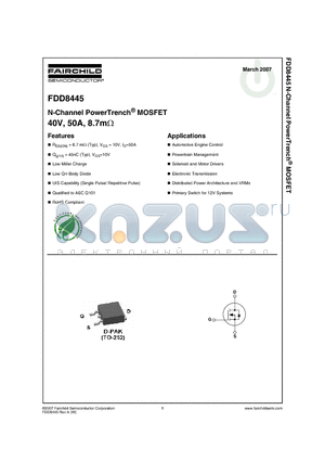 FDD8445_07 datasheet - N-Channel PowerTrench^ MOSFET 40V, 50A, 8.7mY