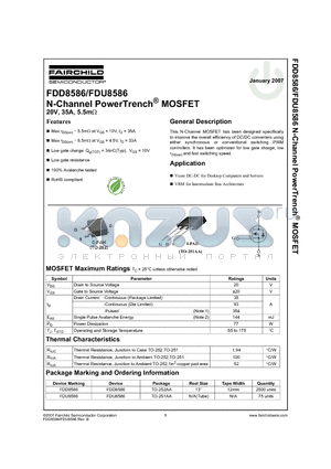 FDD8586 datasheet - N-Channel PowerTrench MOSFET 20V, 35A, 5.5mOHM