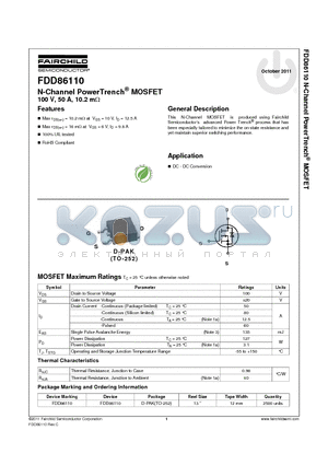 FDD86110 datasheet - N-Channel PowerTrench^ MOSFET 100 V, 50 A, 10.2 mY
