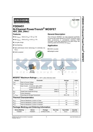 FDD8451 datasheet - N-Channel PowerTrench MOSFET 40V, 28A, 24mOHM