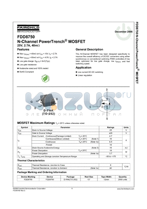 FDD8750 datasheet - N-Channel PowerTrench MOSFET 25V, 2.7A, 40mohm