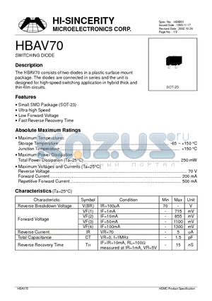 HBAV70 datasheet - SWITCHING DIODE