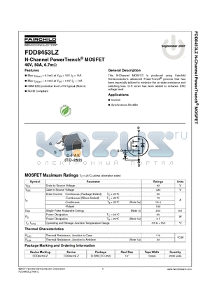 FDD8453LZ datasheet - N-Channel PowerTrench^ MOSFET 40V, 50A, 6.7mY