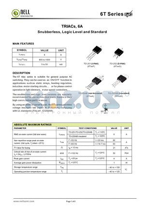 6T06G-BW datasheet - TRIACs, 6A Snubberless, Logic Level and Standard