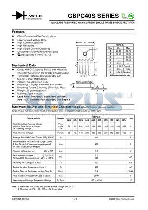 GBPC4016S datasheet - 40A GLASS PASSIVATED HIGH CURRENT SINGLE-PHASE BRIDGE RECTIFIER