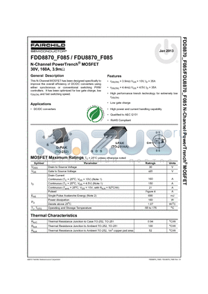 FDD8870_F085_13 datasheet - N-Channel PowerTrench^ MOSFET 30V, 160A, 3.9mY