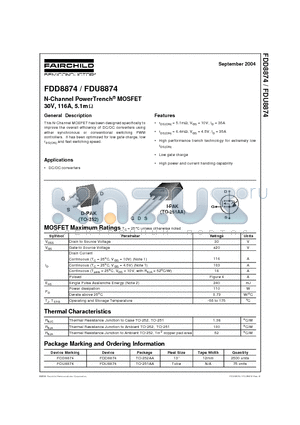 FDD8874 datasheet - N-Channel PowerTrench MOSFET 30V, 116A