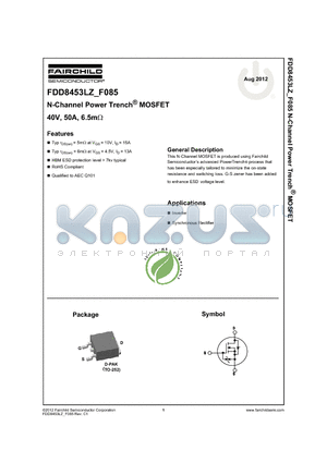 FDD8453LZ_F085_12 datasheet - N-Channel Power Trench^ MOSFET 40V, 50A, 6.5mY