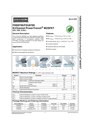 FDD8780 datasheet - N-Channel PowerTrench^ MOSFET 25V, 35A, 8.5mOhm