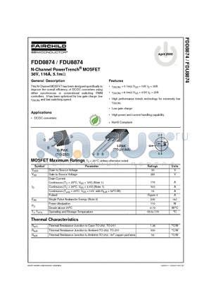FDD8874 datasheet - N-Channel PowerTrench MOSFET 30V, 116A, 5.1m ohm