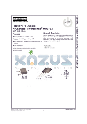 FDD8878 datasheet - N-Channel PowerTrench MOSFET 30V, 40A, 15m ohm