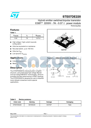 E07DE220 datasheet - Hybrid emitter switched bipolar transistor ESBT 2200V - 7A - 0.07 power module