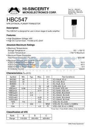 HBC547 datasheet - NPN EPITAXIAL PLANAR TRANSISTOR