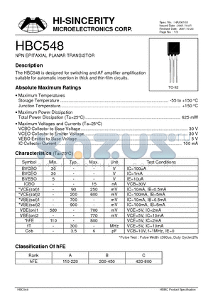 HBC548 datasheet - NPN EPITAXIAL PLANAR TRANSISTOR