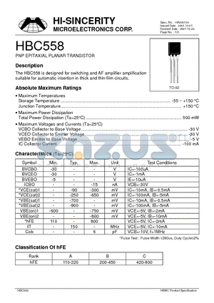 HBC558 datasheet - PNP EPITAXIAL PLANAR TRANSISTOR