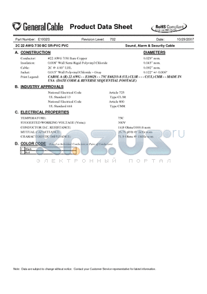 E1002S datasheet - 2C 22 AWG 7/30 BC SR-PVC PVC Sound, Alarm & Security Cable