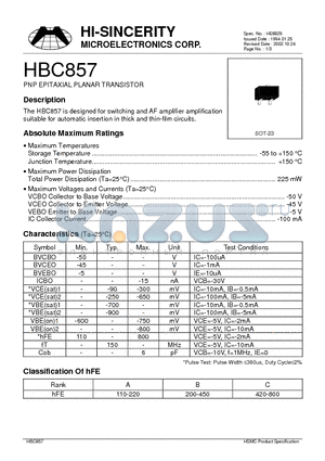 HBC857 datasheet - PNP EPITAXIAL PLANAR TRANSISTOR