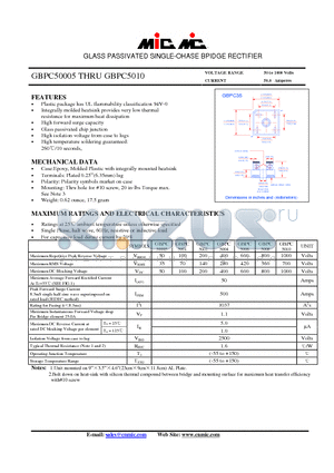 GBPC50005 datasheet - GLASS PASSIVATED SINGLE-OHASE BPIDGE RECTIFIER