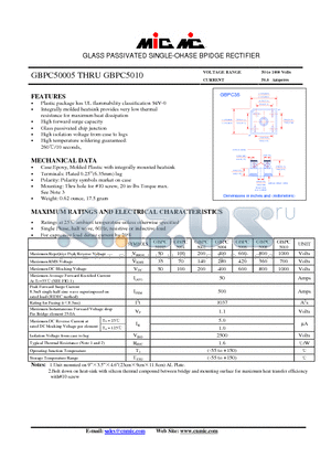 GBPC5002 datasheet - GLASS PASSIVATED SINGLE-OHASE BPIDGE RECTIFIER