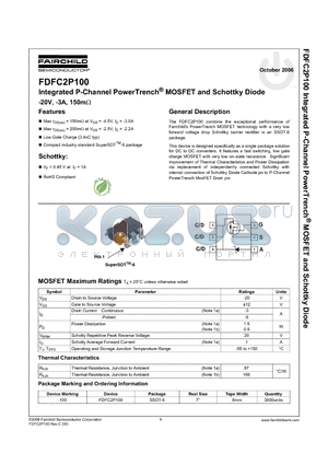 FDFC2P100 datasheet - Integrated P-Channel PowerTrench MOSFET and Schottky Diode -20V, -3A, 150mohm