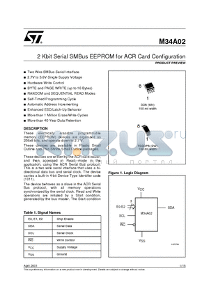 M34A08-VDW6T datasheet - 2 Kbit Serial SMBus EEPROM for ACR Card Configuration