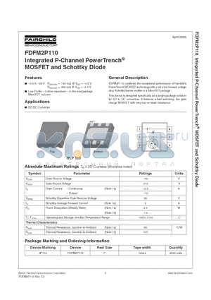 FDFM2P110 datasheet - Integrated P-Channel PowerTrench MOSFET and Schottky Diode