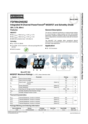 FDFMA2N028Z_08 datasheet - Integrated N-Channel PowerTrench^ MOSFET and Schottky Diode 20V, 3.7A, 68mY