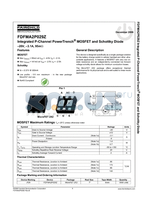 FDFMA2P029Z datasheet - Integrated P-Channel PowerTrench MOSFET and Schottky Diode -20V, -3.1A, 95mohm